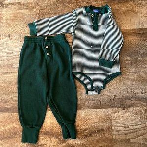 2 Piece Set Green & White Stripe Long Sleeve Shirt, Solid Green Casual Pants